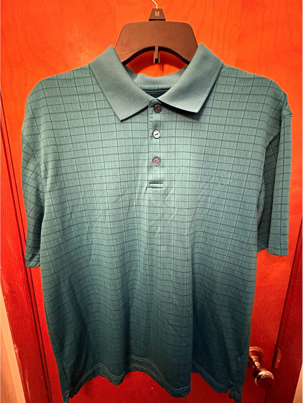 Haggar Cool 18 Performance Men’s Blue Check Short Sleeve Polo Shirt - M